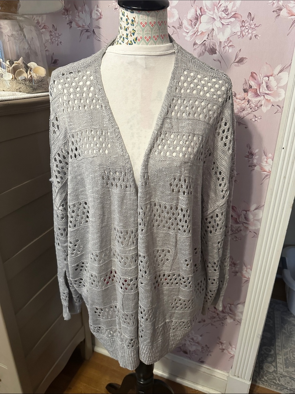Openfront Light Gray Lace-Knit Cardigan Sweater